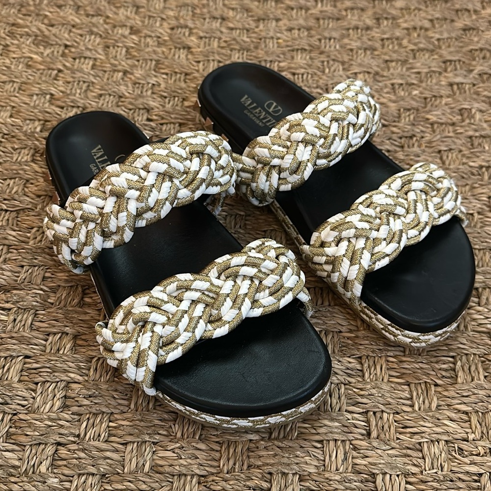 VALENTINO Sandals - Sz 37 gold and white, rope and leather with gold studs